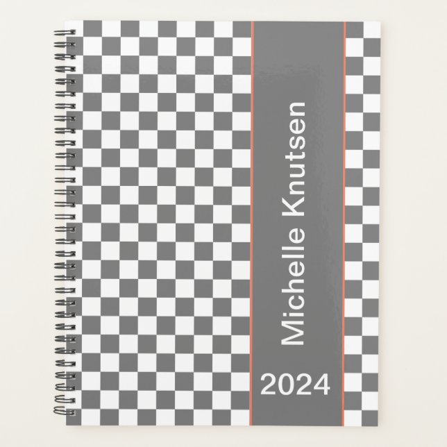 Personalized grey and white Chequered 2024 Planner (Front)