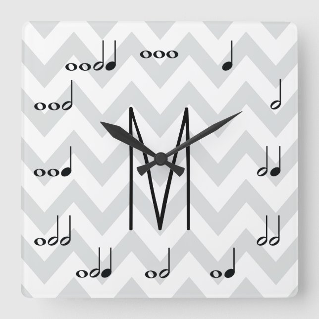 Personalized Grey and White Chevron Musical Notes Square Wall Clock (Front)