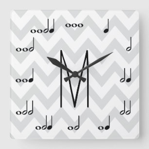 Personalized Grey and White Chevron Musical Notes Square Wall Clock