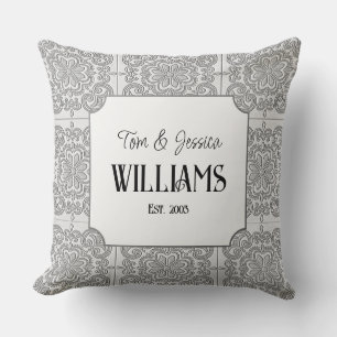 Personalized Grey and White Decorative Tile Throw Pillow
