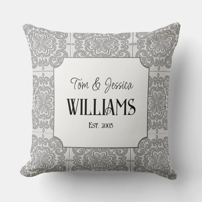 Personalized Grey and White Decorative Tile  Throw Pillow (Front)