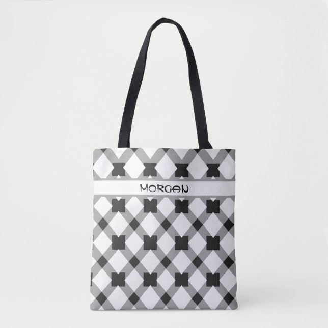 Personalized Grey and White Modern Chequered Tote Bag (Front)