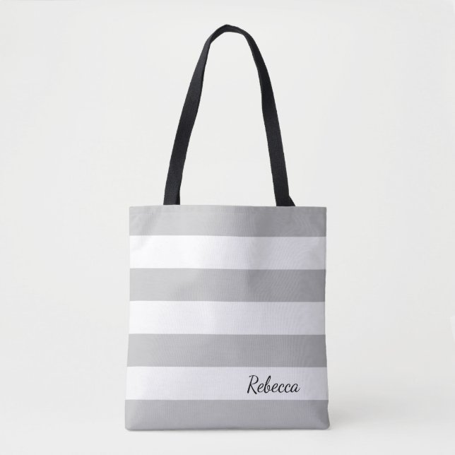 Personalized Grey and White Striped Tote (Front)