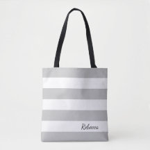 Personalized Grey and White Striped Tote