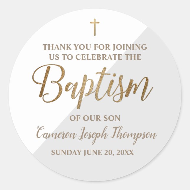 Personalized grey Baby boy baptism thank you Classic Round Sticker (Front)