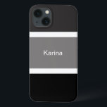 Personalized Grey Black And White Stripes Stylish iPhone 13 Case<br><div class="desc">You'll love this modern,  chic and stylish cell phone case with a grey,  black and white stripe pattern. Large black and grey stripes with small white stripes. Personalized with your name printed in a white text.</div>