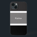 Personalized Grey Black And White Stripes Stylish iPhone 13 Case<br><div class="desc">You'll love this modern,  chic and stylish cell phone case with a grey,  black and white stripe pattern. Large black and grey stripes with small white stripes. Personalized with your name printed in a white text.</div>