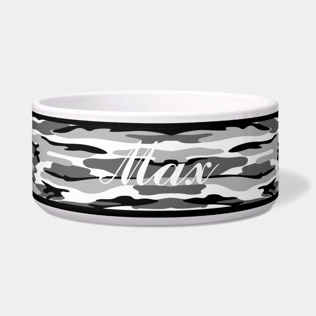 Personalized Grey & Black Camouflage Pet Bowl (Front)