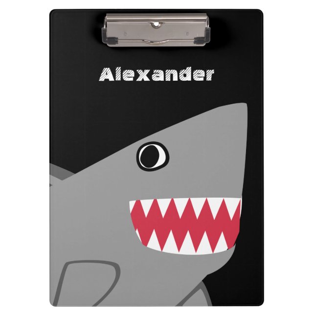 Personalized Grey Black Cartoon Cute Shark Kids Clipboard (Front)