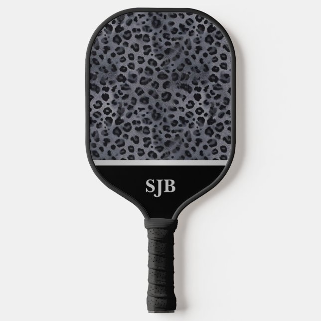 Personalized Grey & Black Leopard  Pickleball Paddle (Front)