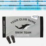 Personalized Grey Black Swim Team Swimmer Name Beach Towel<br><div class="desc">Personalized swim team pool towel design for swimmers features custom text for the swimmer's first and last name, swim team club name, and mascot or other text. Add your team logo to the dolphin placeholder image. The colour scheme of grey, black and white can be modified to coordinate with your...</div>