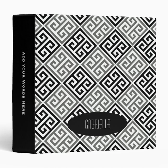 Personalized: Grey Black White Greek Key Binder (Front/Spine)