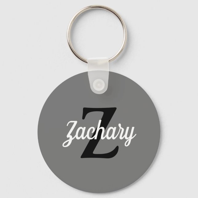 Personalized Grey Black White Retro Monogram Keychain (Front)