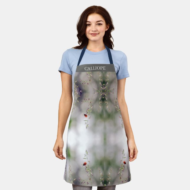 Personalized Grey, Black, White w/ Tiny Red Floral Apron (Worn)