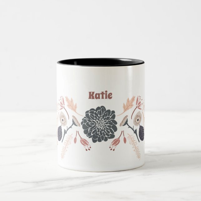 Personalized Grey Blue Peach Floral With Name Two-Tone Coffee Mug (Center)