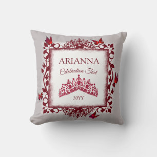 Personalized Grey, Burgundy Red Tiara, Butterfly Throw Pillow