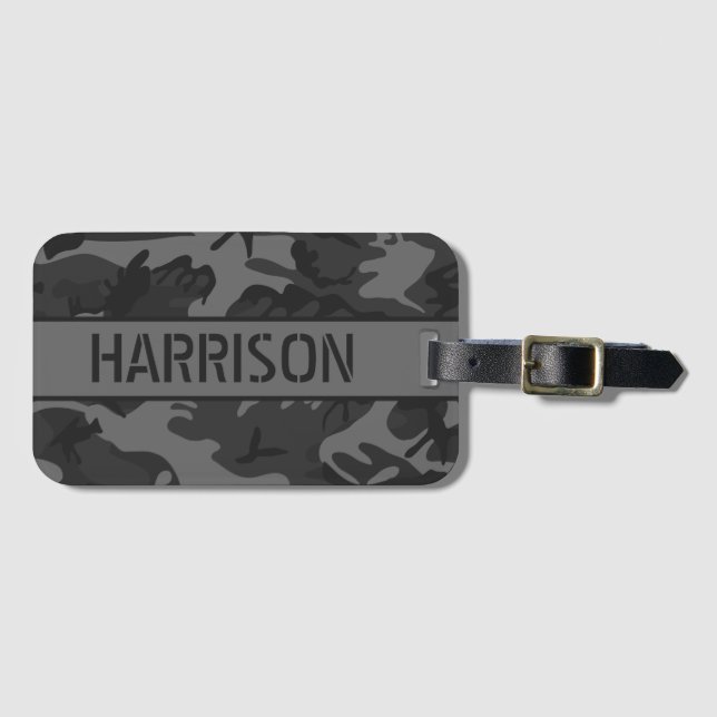 Personalized Grey Camo Luggage Tag (Front Horizontal)