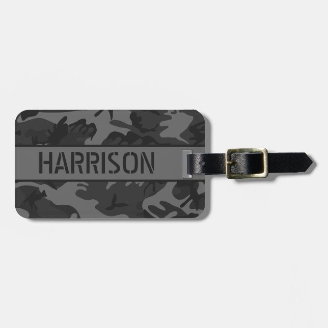 Personalized Grey Camo Luggage Tag (Front Horizontal)