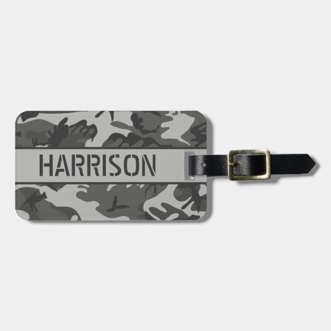 Personalized Grey Camo Luggage Tag (Front Horizontal)