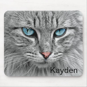 Personalized Grey Cat with Blue Eyes Mouse Pad