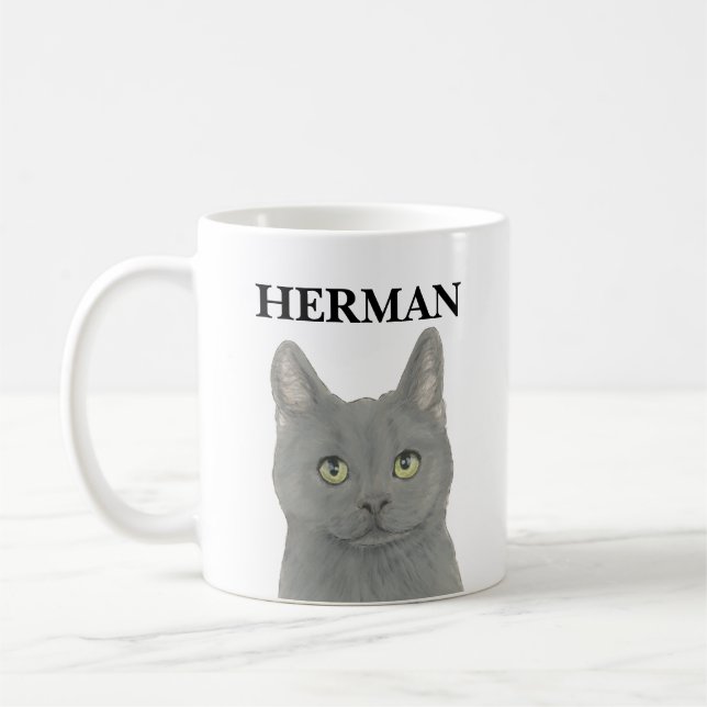 Personalized Grey Chartreuse Cat Coffee Mug (Left)