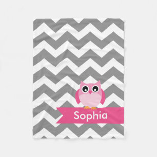 Personalized Grey Chevron Pink Owl Fleece Blanket