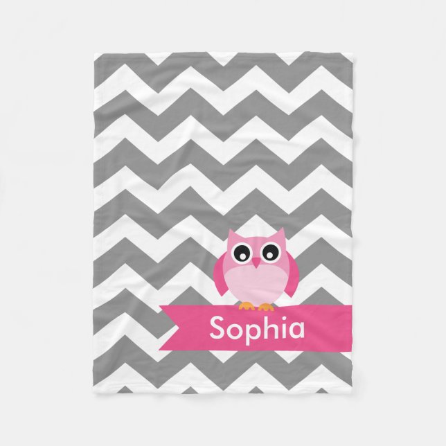 Personalized Grey Chevron Pink Owl Fleece Blanket (Front)