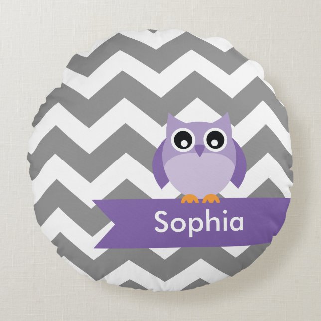 Personalized Grey Chevron Purple Owl Round Pillow (Front)
