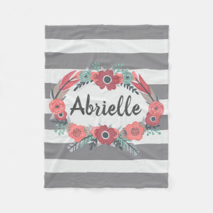 Personalized Grey, coral floral Fleece Blanket