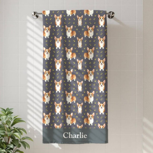Personalized Grey Corgi Dog Bath Towel (Creator Uploaded)