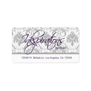 Personalized Grey Damask and Eggplant Purple Label