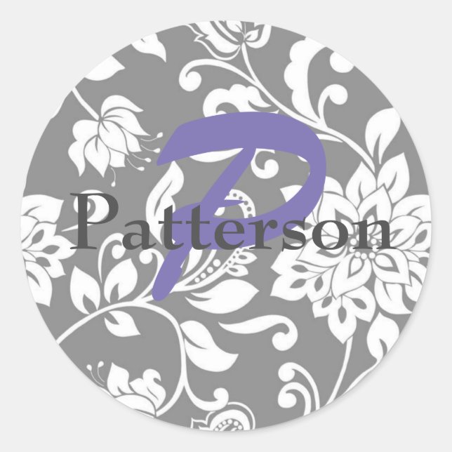 Personalized Grey Damask Stickers & Envelope Seals (Front)