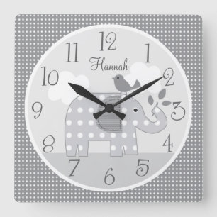 Personalized Grey Dot Elephant Nursery Baby Clock