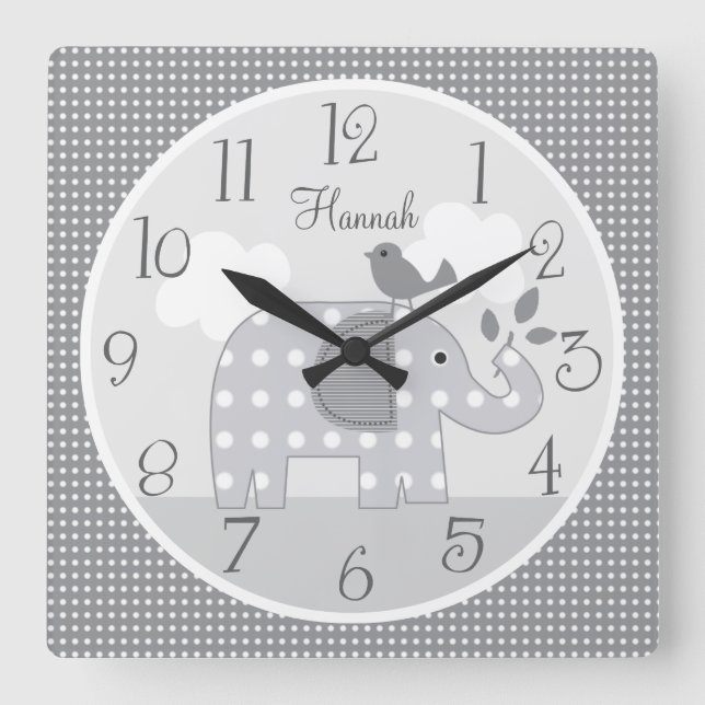 Personalized Grey Dot Elephant Nursery Baby Clock (Front)