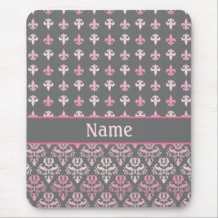 Personalized Grey Fleur de Lis Damask Mousepad