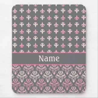 Personalized Grey Fleur de Lis Damask Pattern Mouse Pad