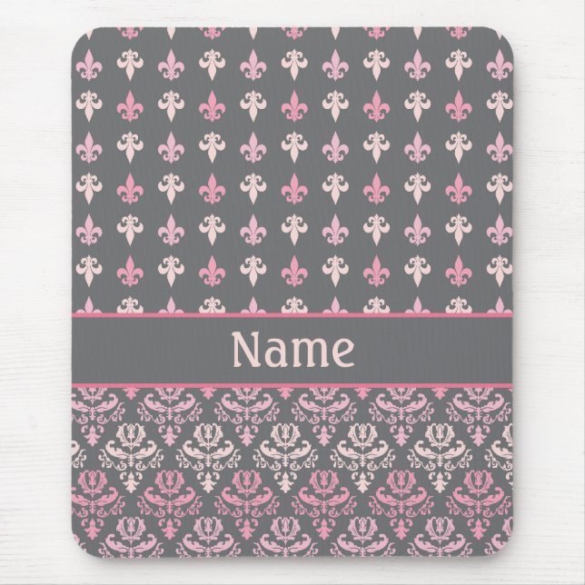 Personalized Grey Fleur de Lis Damask Pattern Mouse Pad (Front)