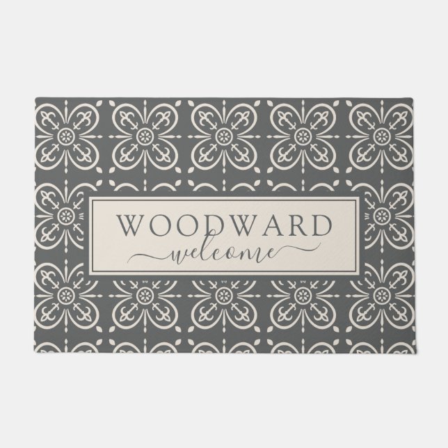 Personalized Grey Geometric Tile Pattern Welcome Doormat (Front)