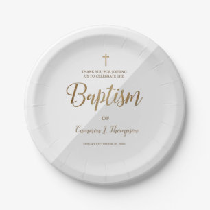 Personalized Grey Gold Cross Baby Baptism Paper Plate