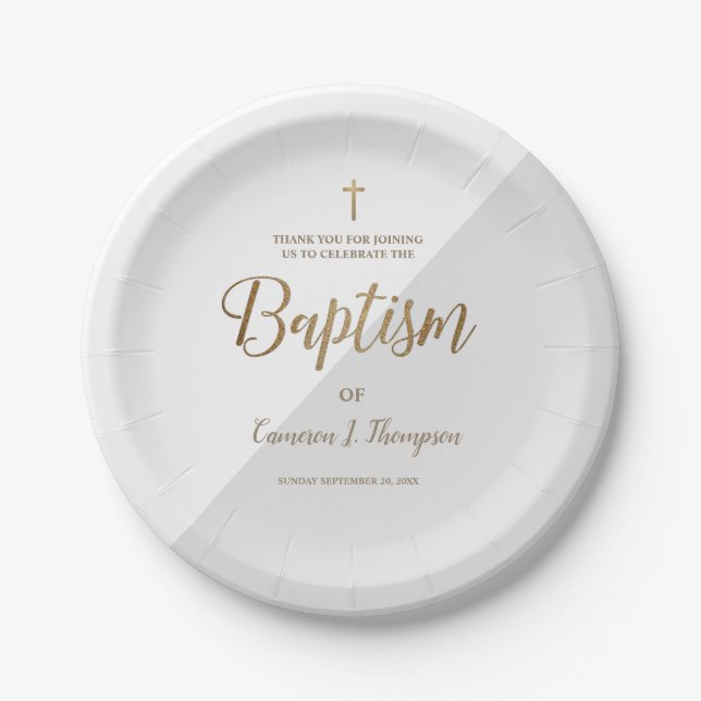 Personalized Grey Gold Cross Baby Baptism Paper Plate (Front)
