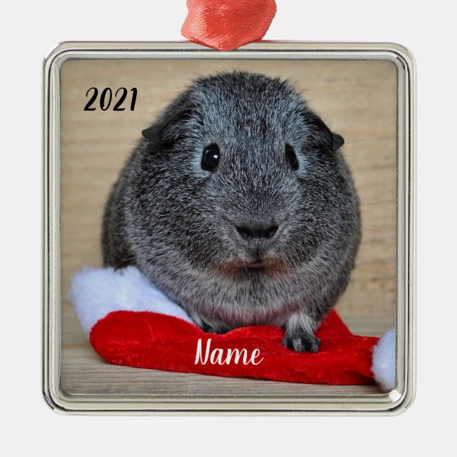 Personalized Grey Guinea Pig Santa Hat Metal Ornament (Front)