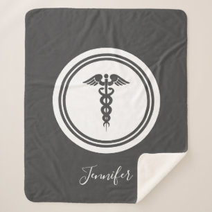 Personalized Grey Hamd Lettered Medical Caduceus  Sherpa Blanket