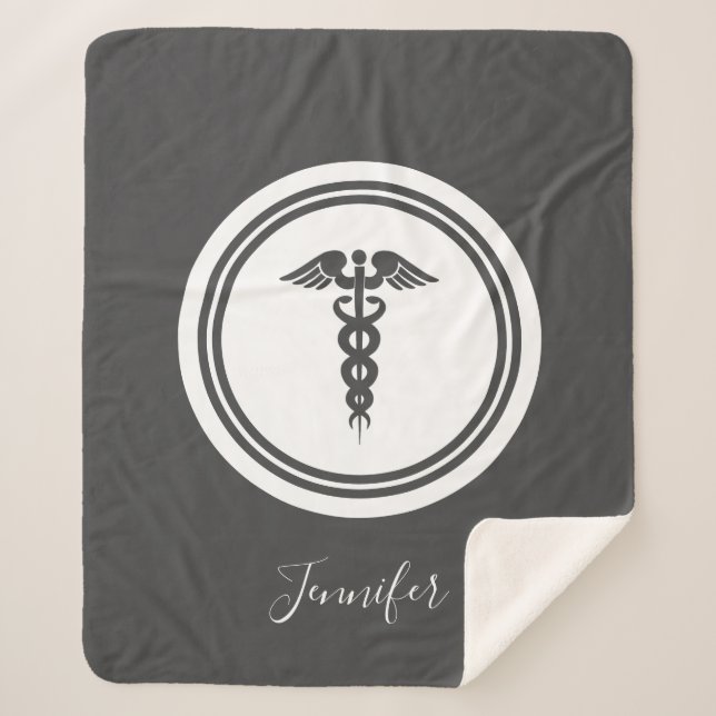 Personalized Grey Hamd Lettered Medical Caduceus  Sherpa Blanket (Front)