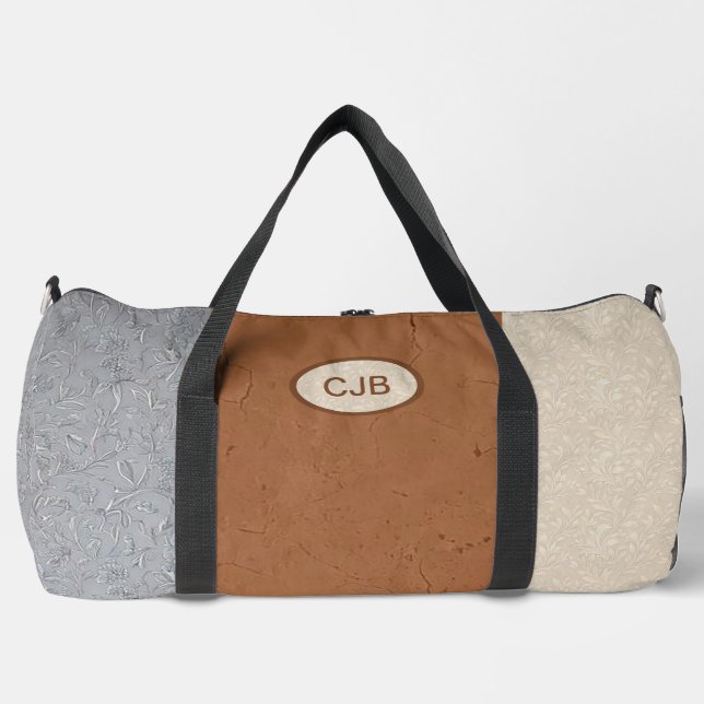 Personalized Grey, Ivory, and Brown Duffel Bag (Front)