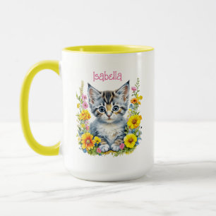 Personalized Grey Kitten and Flowers Watercolor Mug