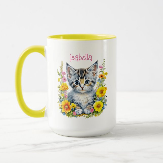 Personalized Grey Kitten and Flowers Watercolor Mug (Left)