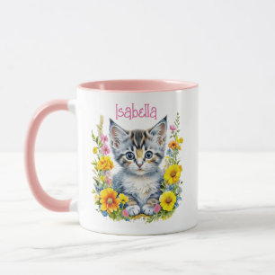 Personalized Grey Kitten and Flowers Watercolor Mug
