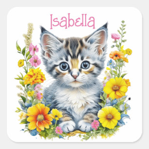 Personalized Grey Kitten and Flowers Watercolor Square Sticker