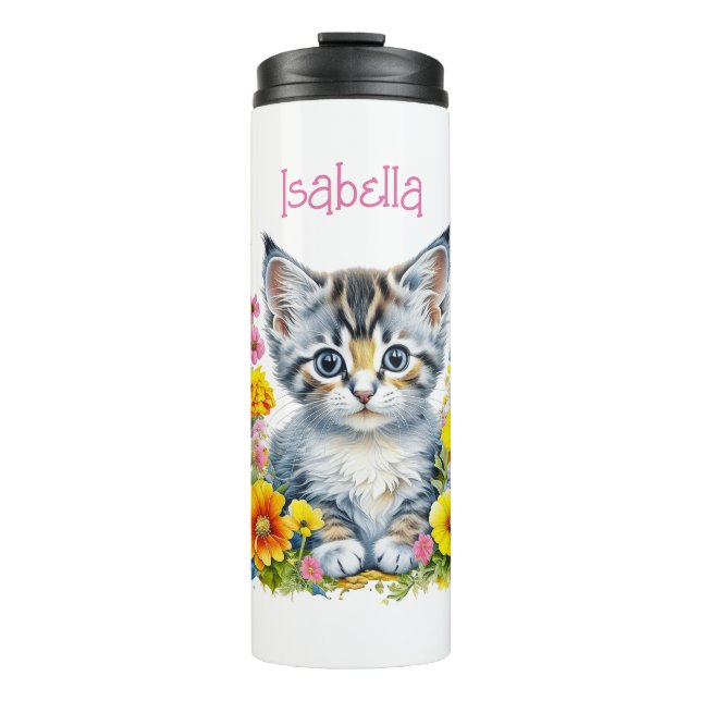 Personalized Grey Kitten and Flowers Watercolor Thermal Tumbler (Front)