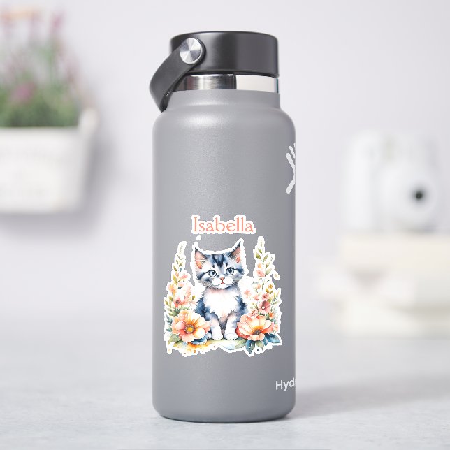 Personalized Grey Kitten in Pink Flowers (HydroFlask)